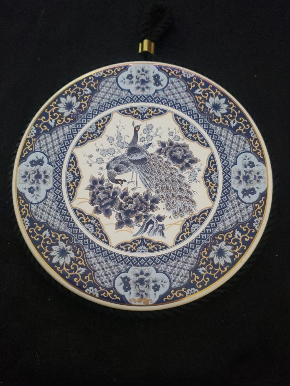 Vintage 6" Round Ceramic Tile Blue White Peacock Cork Back Rope Edge Trivet